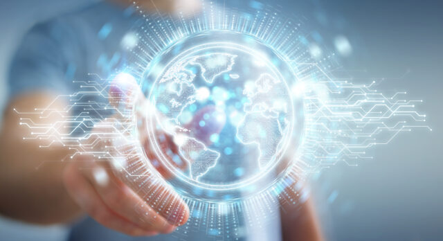 a hand touching the screen demonstrating AI-powered technology