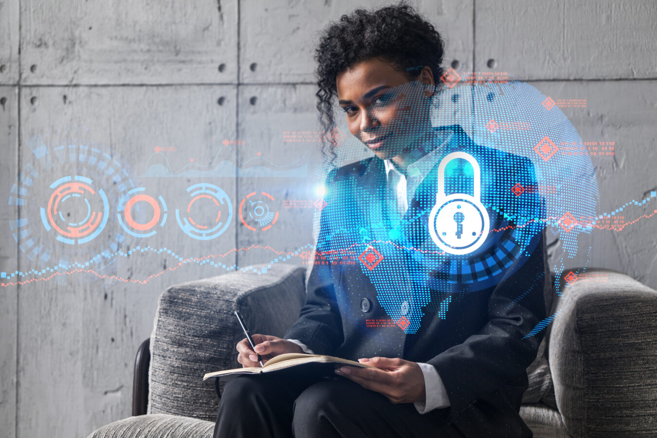 A digital lock on a woman showing the privacy of first-party cookies