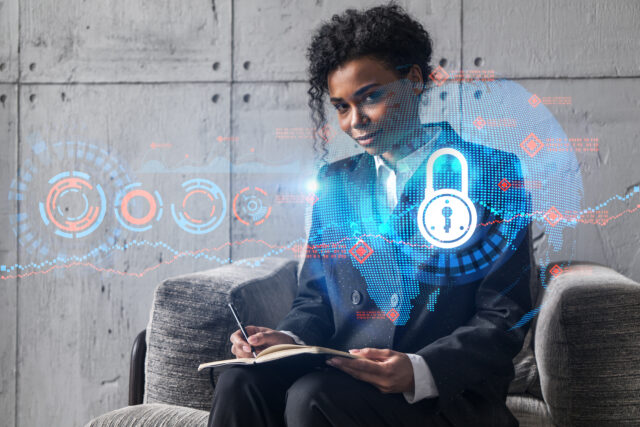 A digital lock on a woman showing the privacy of first-party cookies