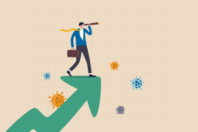 A vector illustration shows how consumers rethink their relation to brands looking through the lens towards the post-pandemic future.