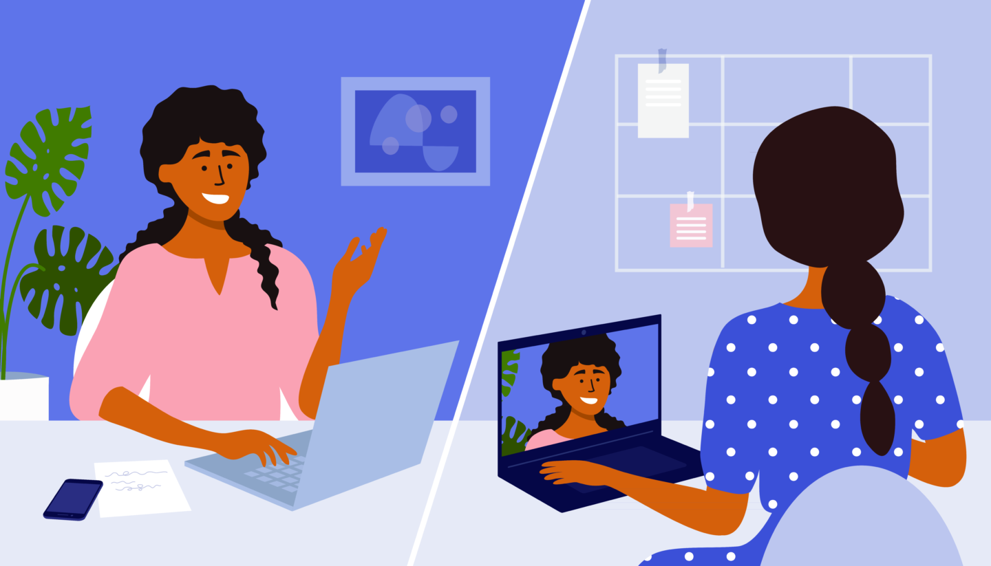 an illustrated image showing online conversation between two persons discussing the benefits of remote research