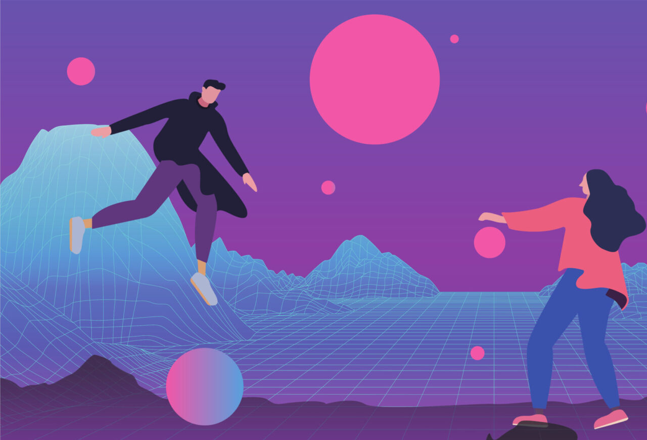 An illustration of two persons using the metaverse to create personal experiences.