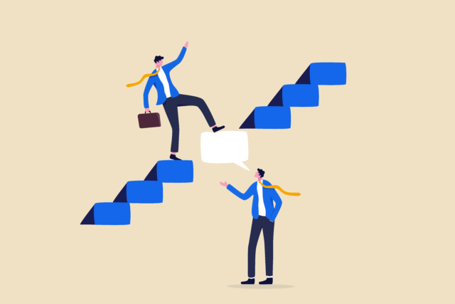 an illustrated image showing two persons closing the gap between corporate purpose and actions