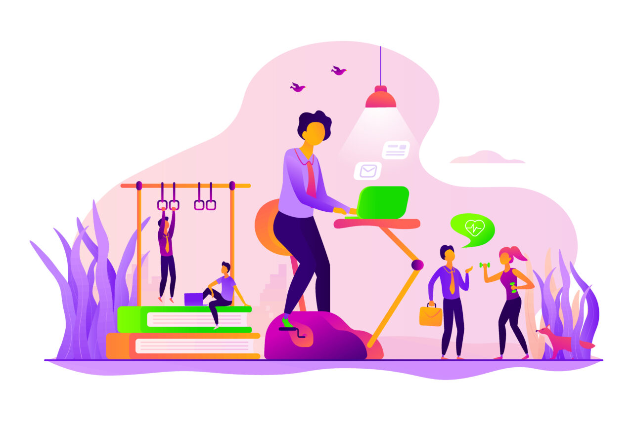 An illustration shows people working from home in a flexible work culture.