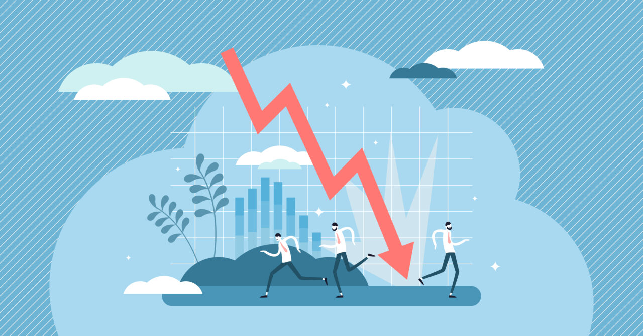 An illustration shows people running from a global economic crisis.