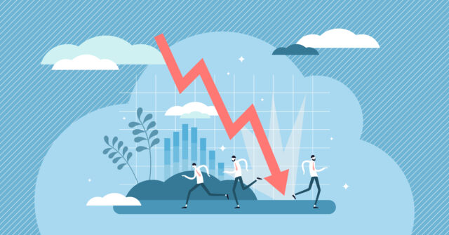 An illustration shows people running from a global economic crisis.