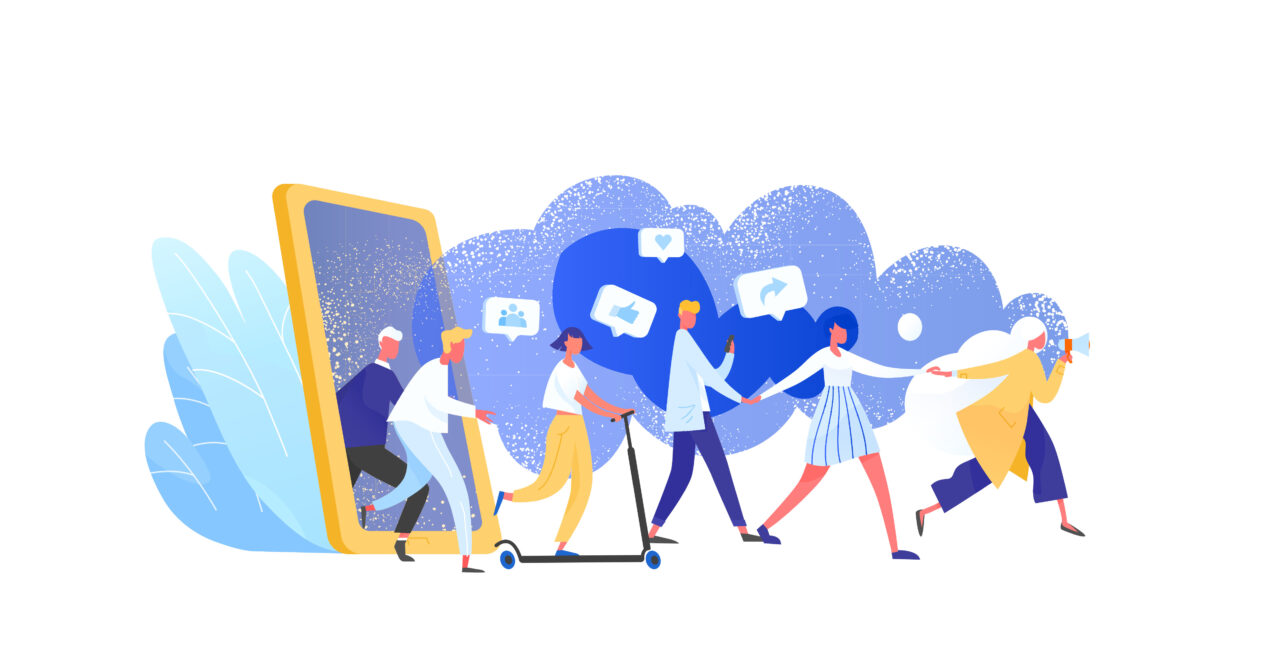 An illustration of people coming out of a phone, satisfied with a brand's loyalty programme.