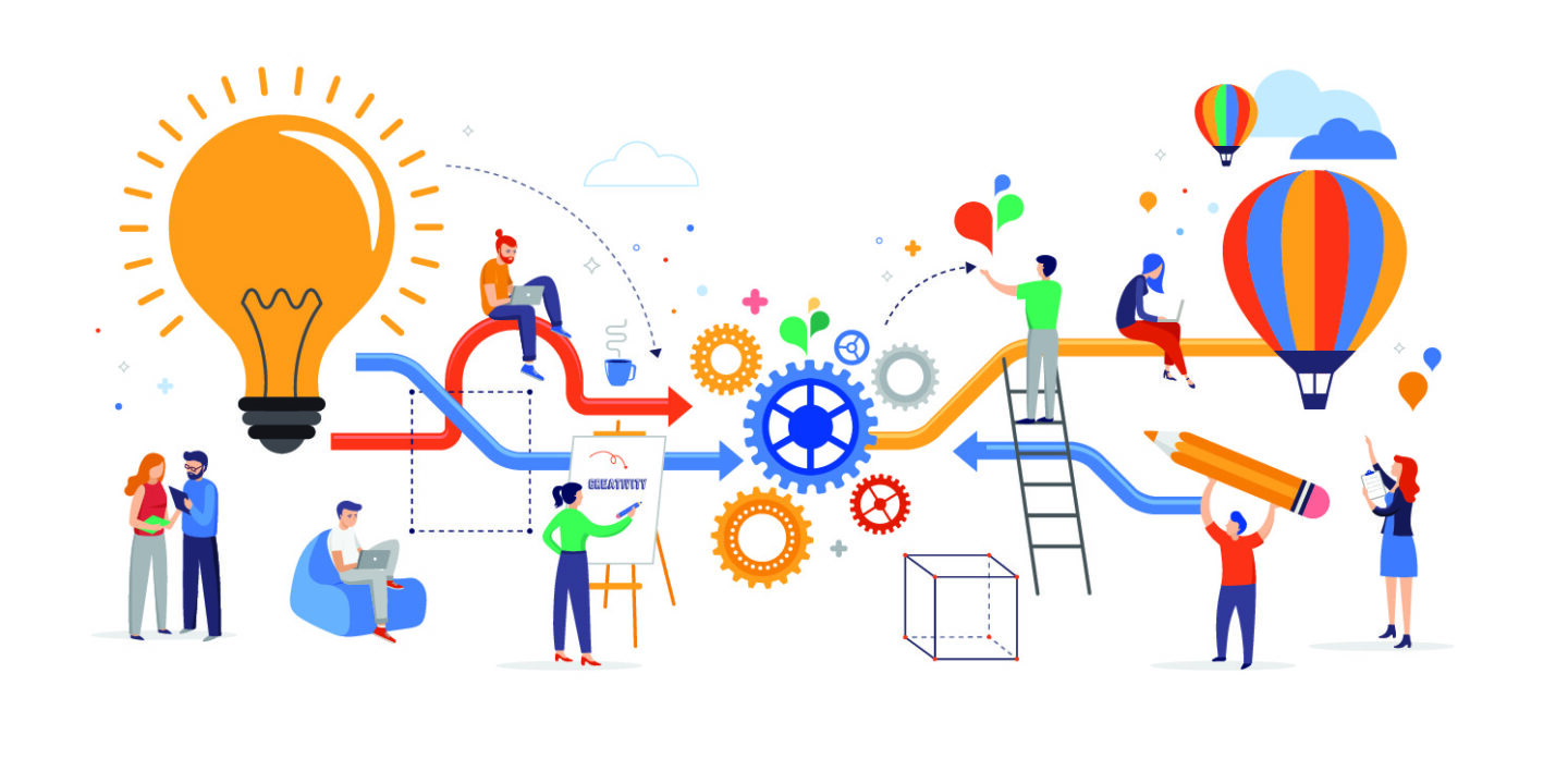 an illustrated image showing the combination between purpose, creativity, and analytics.