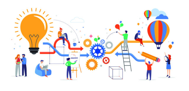 an illustrated image showing the combination between purpose, creativity, and analytics.