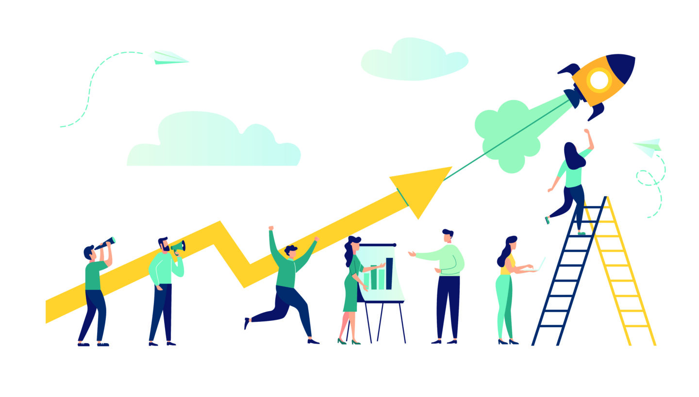 vector drawing of people interacting with each other in front of an increasing graph