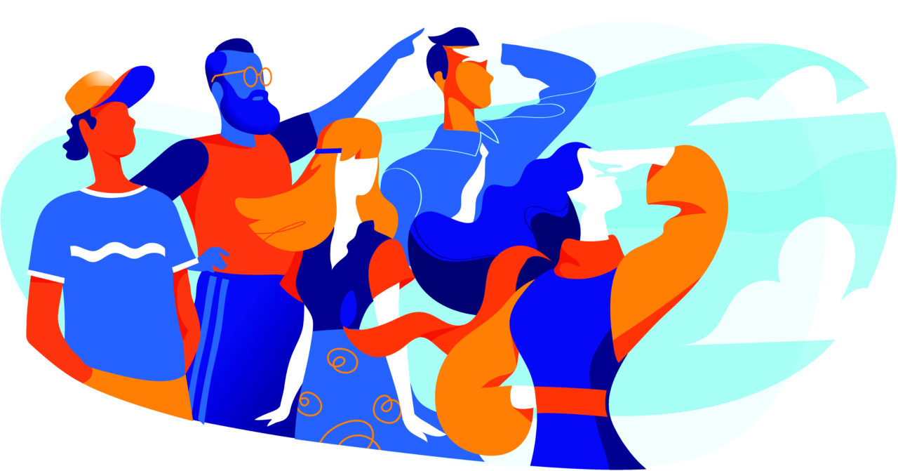 an illustrated image showing a group of people building a winning business strategy