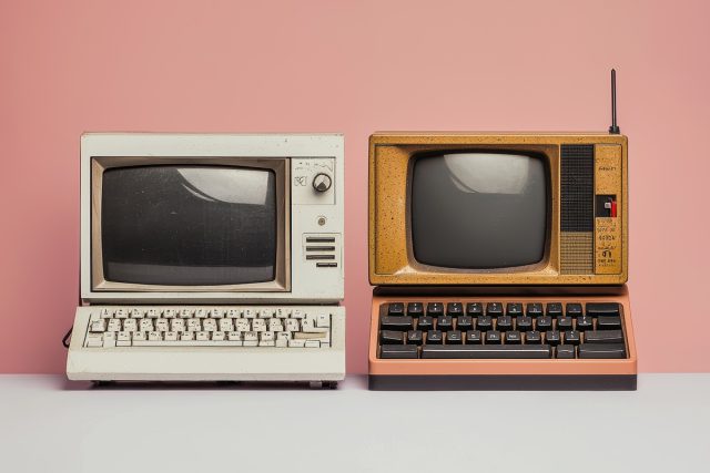 Outdated and modern gadgets side by side, illustrating the progression of technology. the vintage device contrasts with its sleek modern counterpart against a clean background, emphasizing innovation and design evolution.