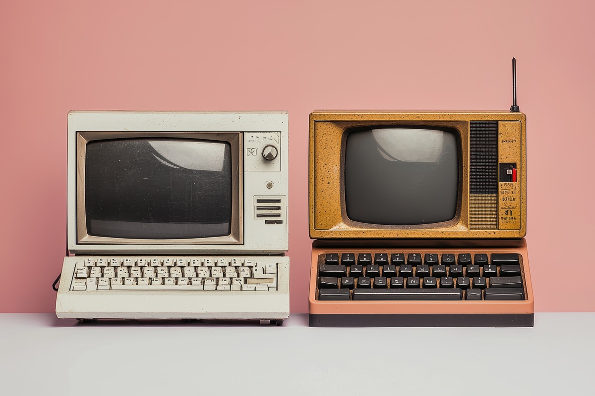 Outdated and modern gadgets side by side, illustrating the progression of technology. the vintage device contrasts with its sleek modern counterpart against a clean background, emphasizing innovation and design evolution.