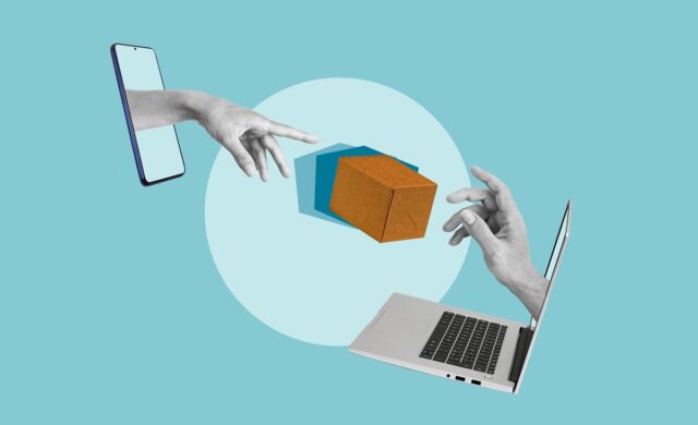 The picture represents delivery speed, as one hand is handing a package to the other, via laptop screen.