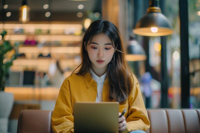Asian woman using tablet for engagement and work.