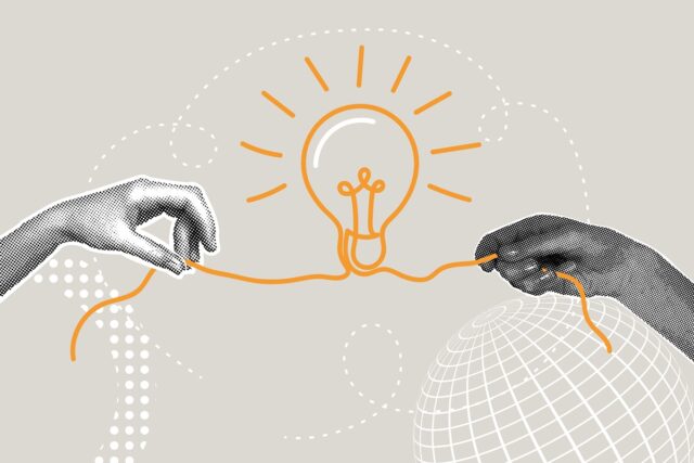 The illustration represents joint ideas, and acquisition.