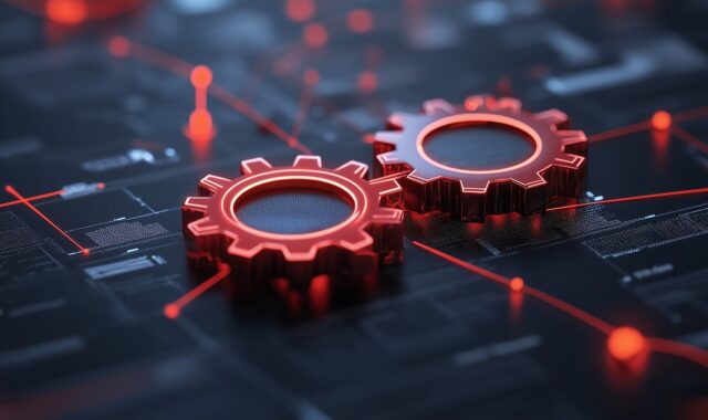 The image shows two companies joining together, an acquisition.