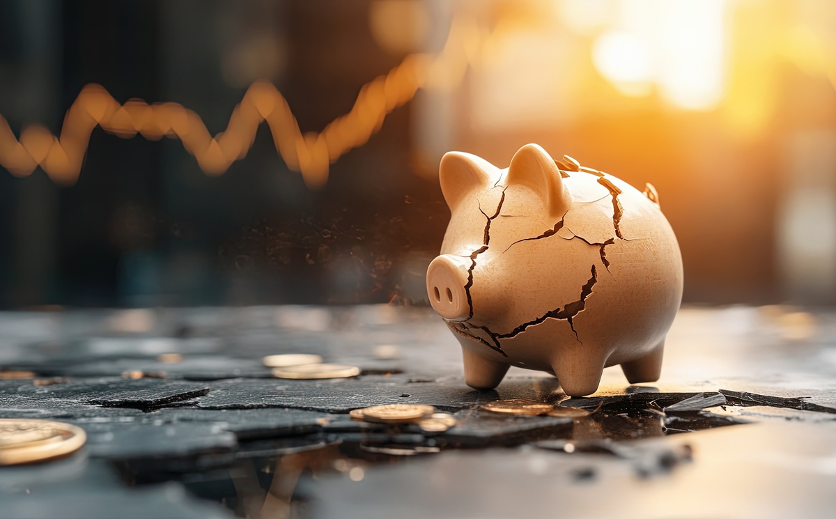 Broken piggy bank highlighting economic instability.